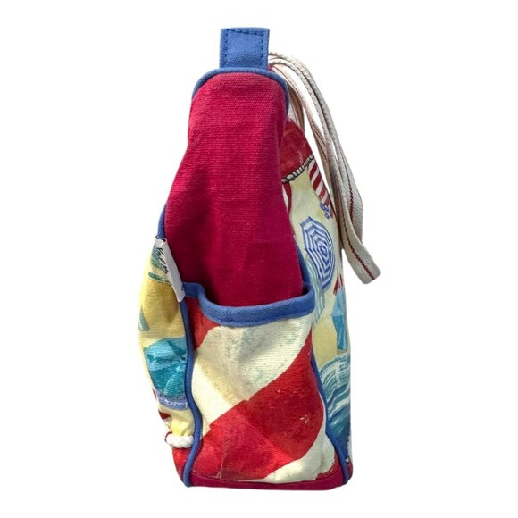 Colorful Beach Themed Canvas Tote Bag Red & White Striped Handles Paul Brent - Picture 3 of 8